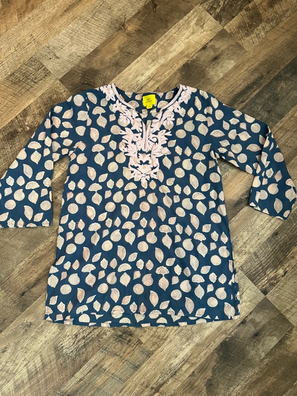 Roller Rabbit Blue Long Sleeve Tunic with Pink Embroidery